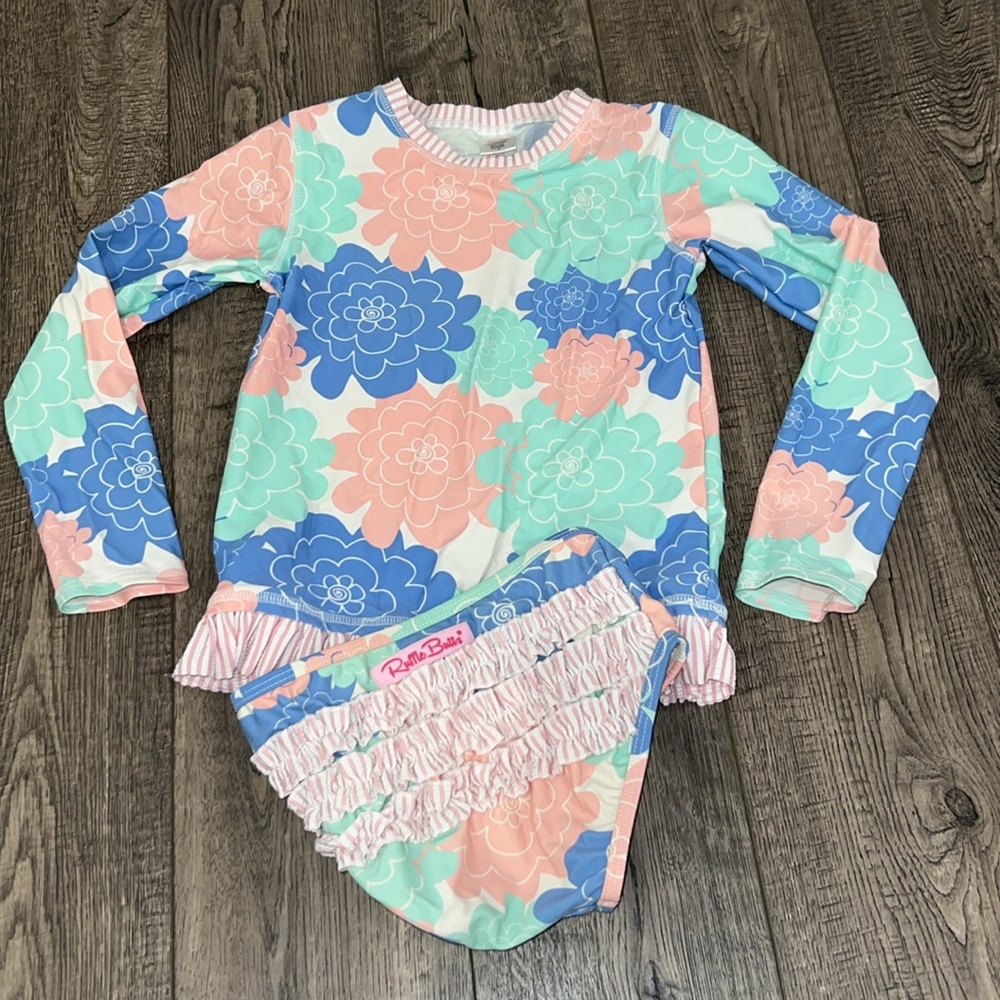 Ruffle Butts Floral Kids Swim Set- long sleeve rash guard & bikini bottom SPF 50